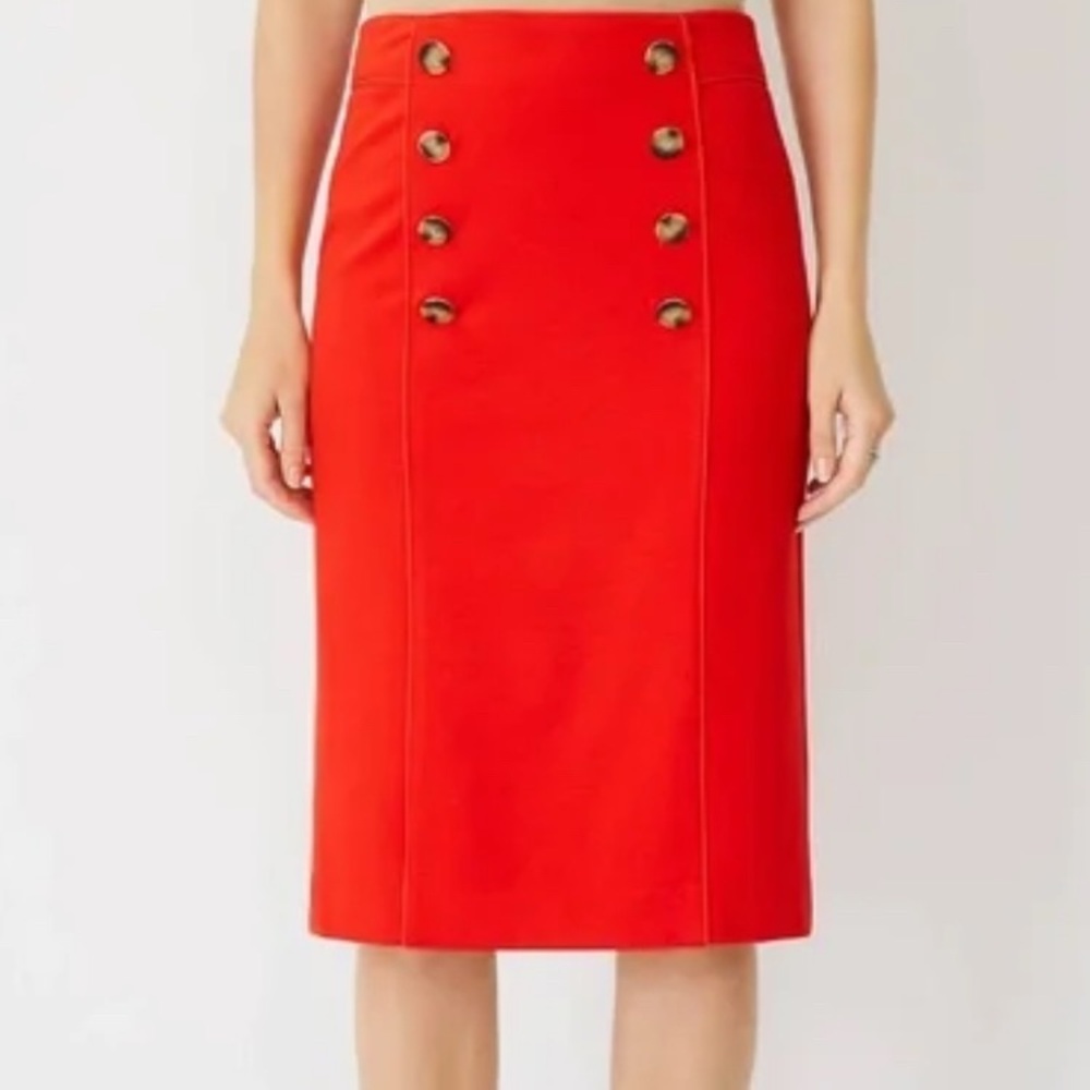 NWT Ann Taylor Vivid Red Pencil Skirt with 6 Button Detail, Size 8.